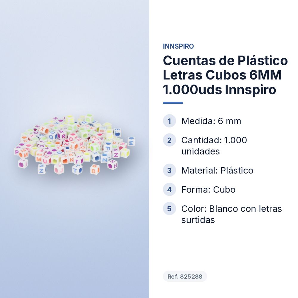 CUENTAS DE PLÁSTICO LETRAS CUBOS 6MM 1.000UDS INNSPIRO - características principales