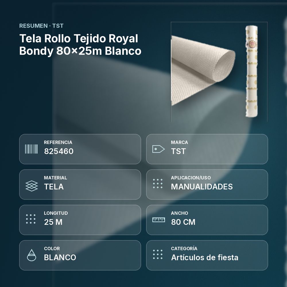TELA ROLLO TEJIDO ROYAL BONDY 80X25M BLANCO - resumen de atributos