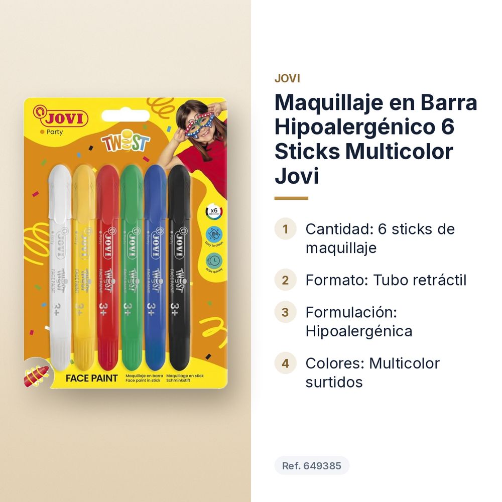 MAQUILLAJE EN BARRA HIPOALERGÉNICO 6 STICKS MULTICOLOR JOVI - características principales
