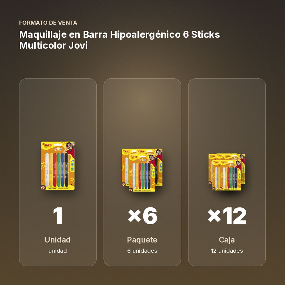 MAQUILLAJE EN BARRA HIPOALERGÉNICO 6 STICKS MULTICOLOR JOVI - formato de venta: paquete de 6, caja de 12