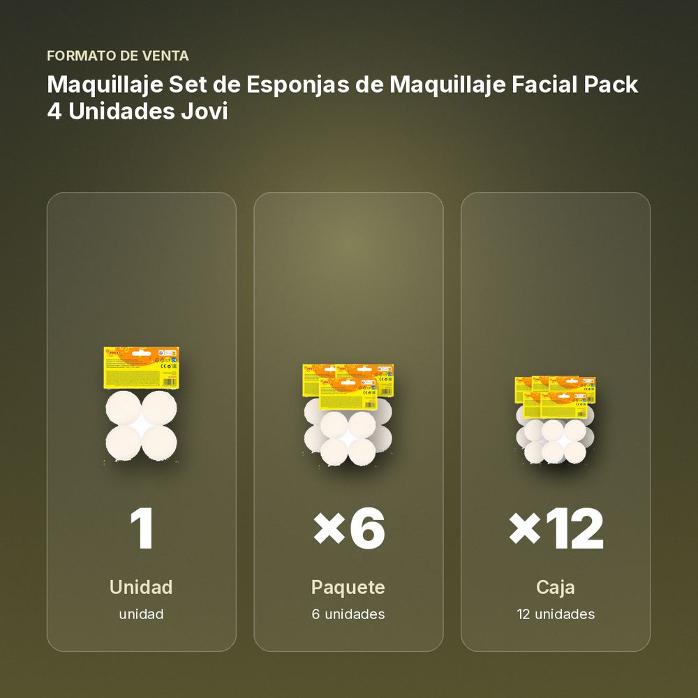 MAQUILLAJE SET DE ESPONJAS DE MAQUILLAJE FACIAL PACK 4 UNIDADES JOVI - formato de venta: paquete de 6, caja de 12