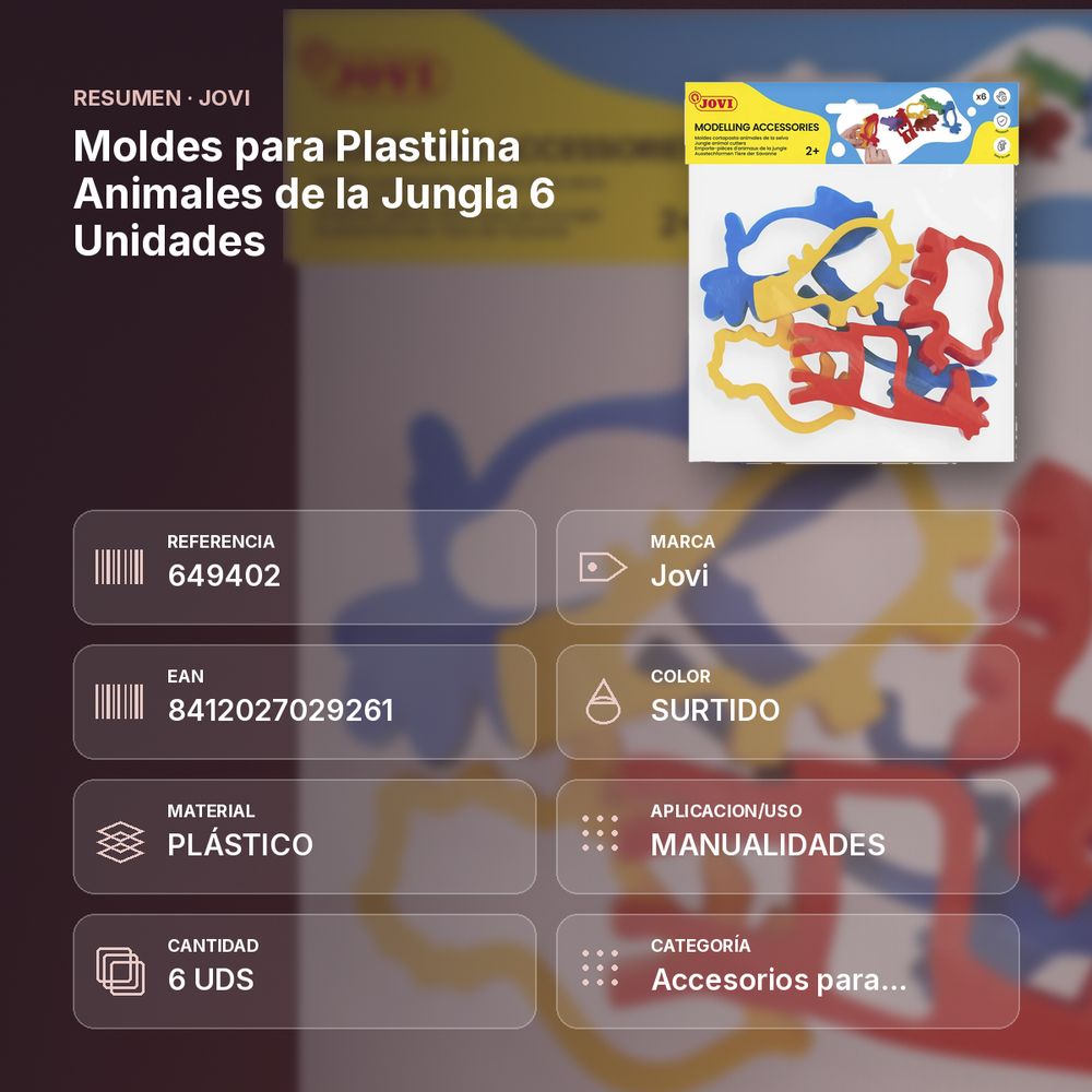 MOLDES PARA PLASTILINA ANIMALES DE LA JUNGLA 6 UNIDADES - resumen de atributos