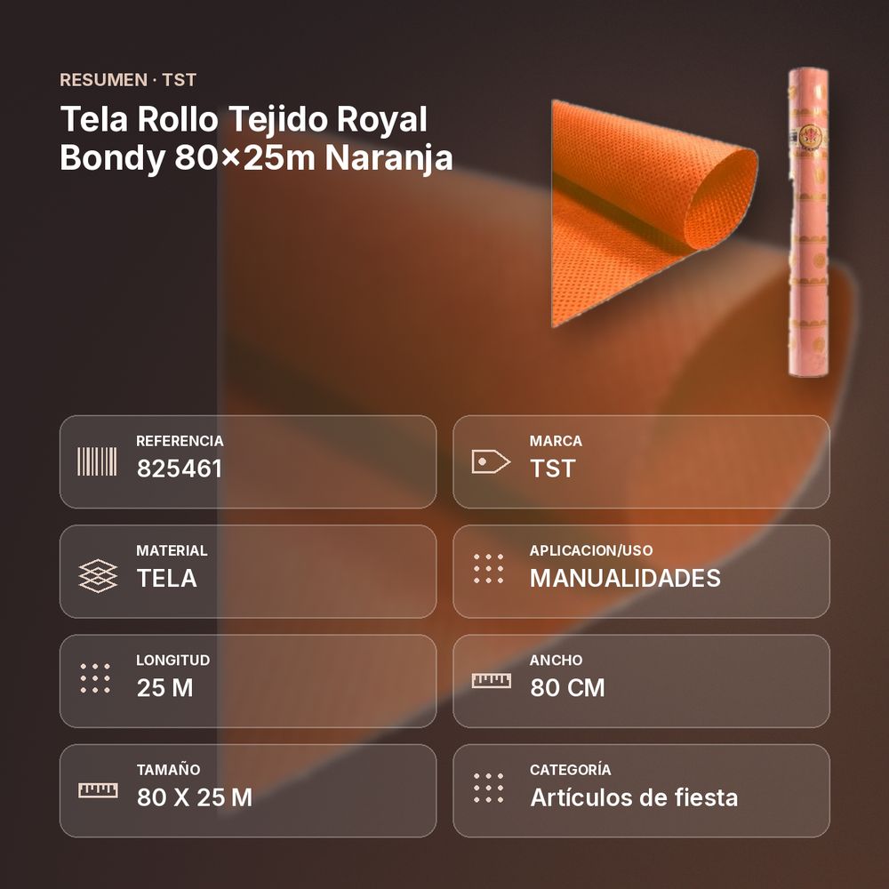 TELA ROLLO TEJIDO ROYAL BONDY 80X25M NARANJA - resumen de atributos