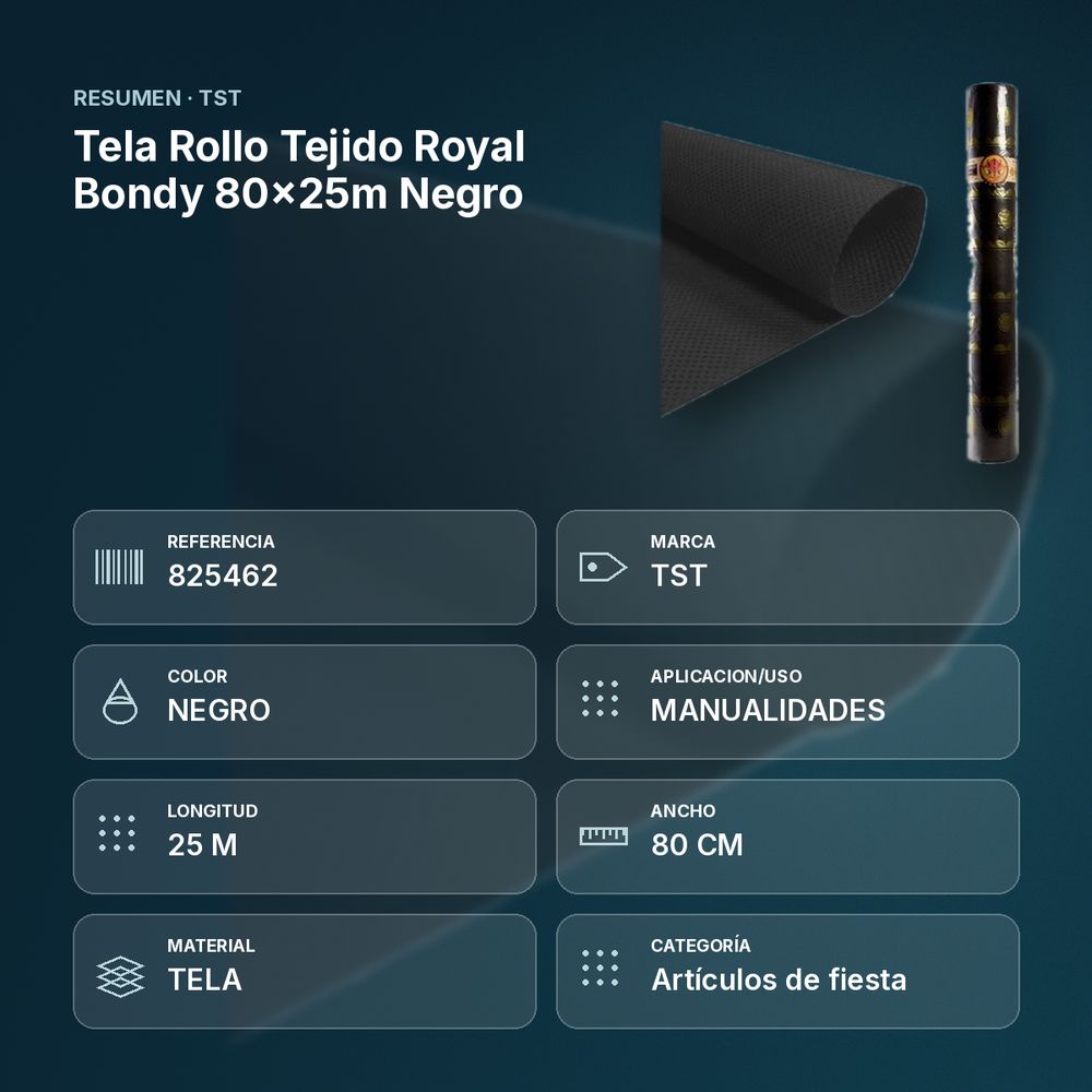TELA ROLLO TEJIDO ROYAL BONDY 80X25M NEGRO - resumen de atributos