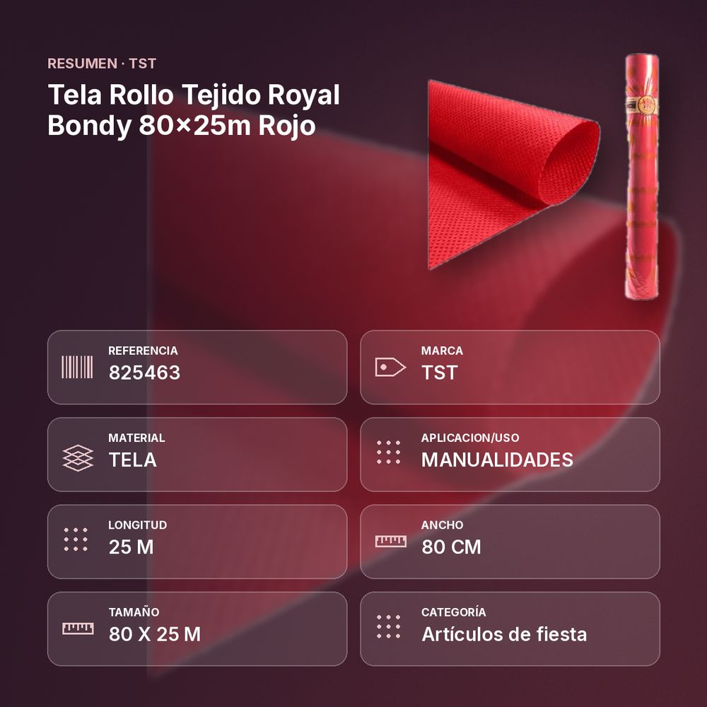 TELA ROLLO TEJIDO ROYAL BONDY 80X25M ROJO - resumen de atributos