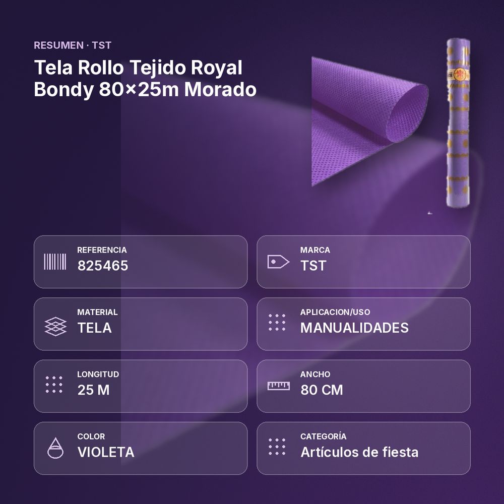 TELA ROLLO TEJIDO ROYAL BONDY 80X25M MORADO - resumen de atributos