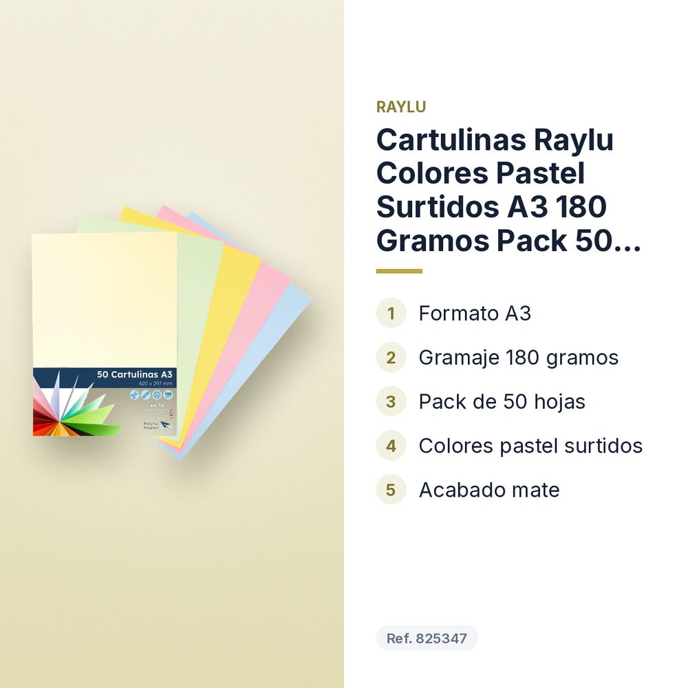 CARTULINAS RAYLU COLORES PASTEL SURTIDOS A3 180 GRAMOS PACK 50 HOJAS RAYLU - características principales