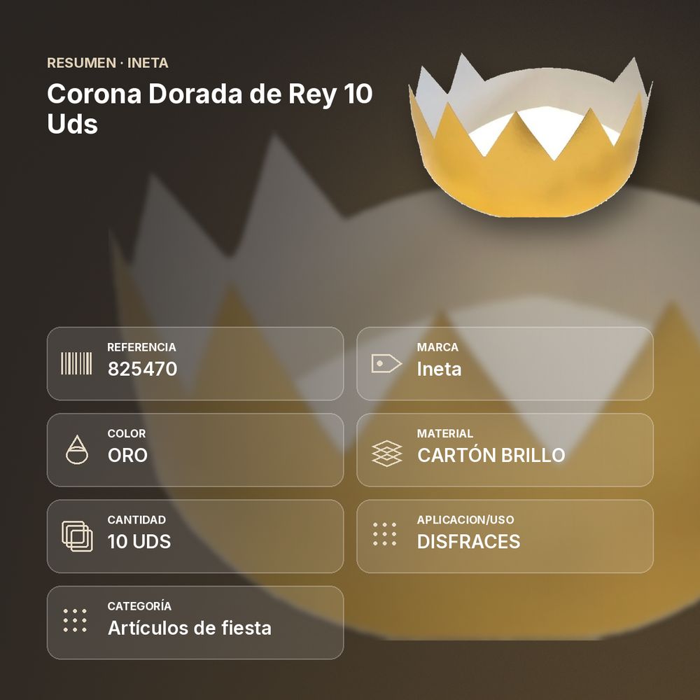 CORONA DORADA DE REY 10 UDS - resumen de atributos