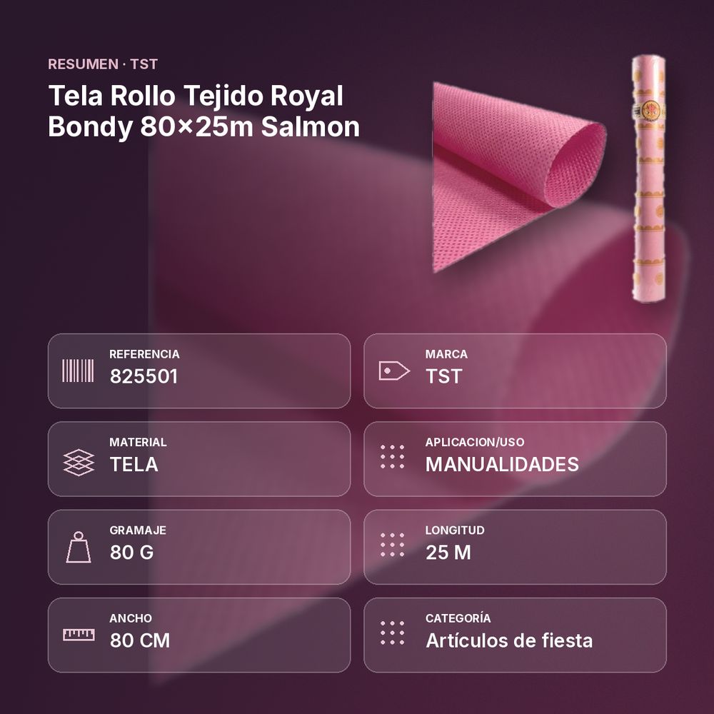 TELA ROLLO TEJIDO ROYAL BONDY 80X25M SALMON - resumen de atributos