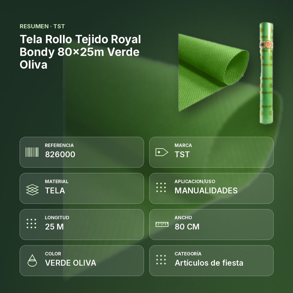TELA ROLLO TEJIDO ROYAL BONDY 80X25M VERDE OLIVA - resumen de atributos