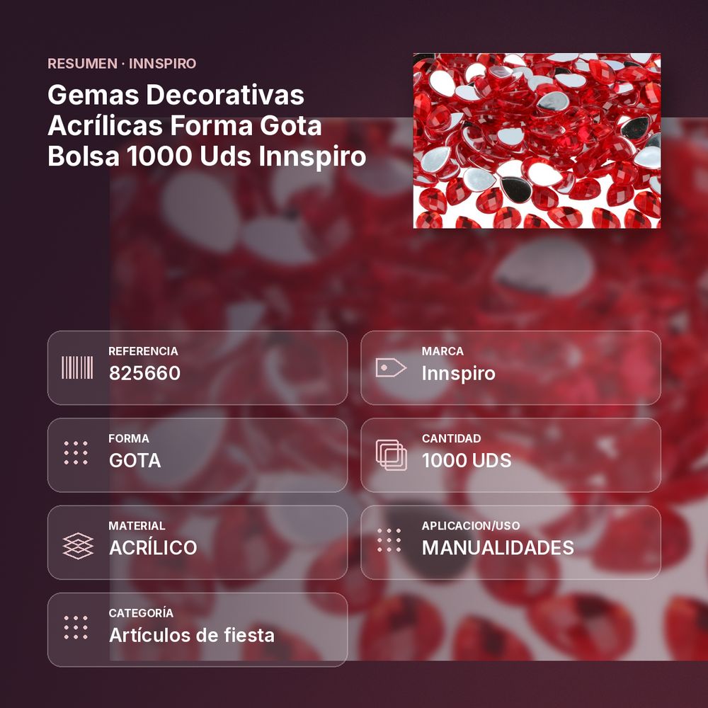 GEMAS DECORATIVAS ACRÍLICAS FORMA GOTA BOLSA 1000 UDS INNSPIRO - resumen de atributos