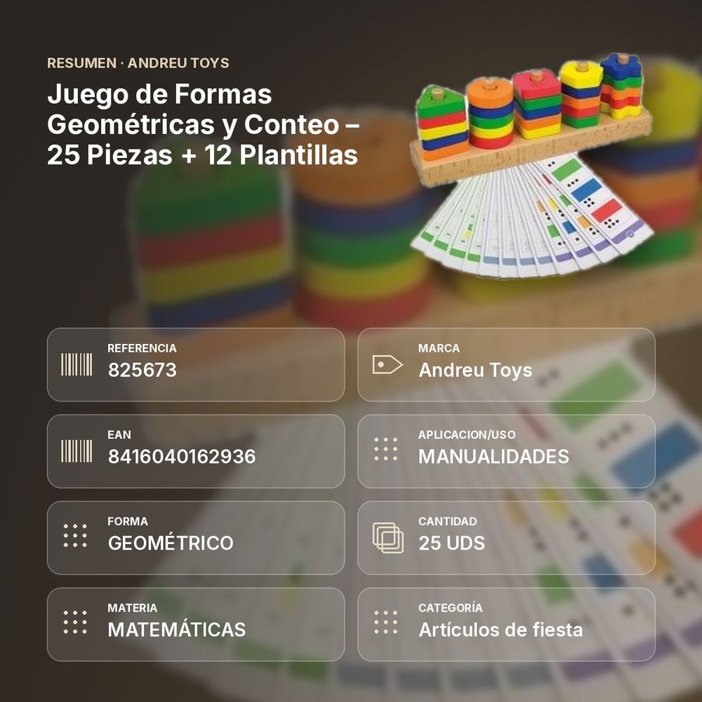 JUEGO DE FORMAS GEOMÉTRICAS Y CONTEO – 25 PIEZAS + 12 PLANTILLAS - resumen de atributos