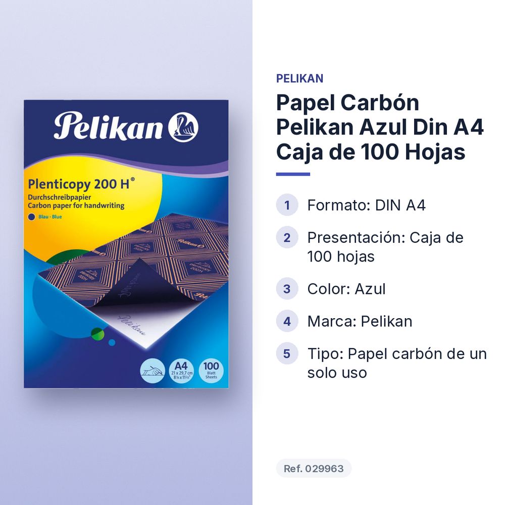 PAPEL CARBÓN PELIKAN AZUL DIN A4 CAJA DE 100 HOJAS - características principales