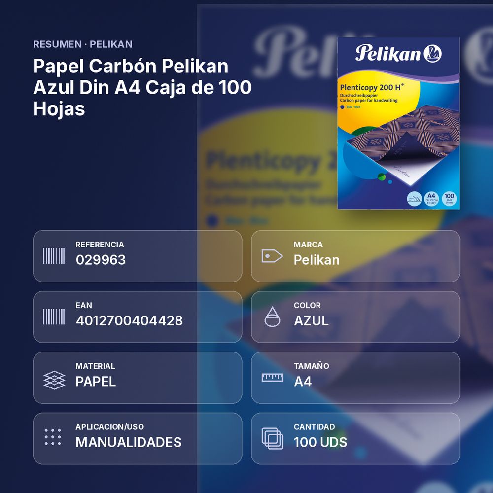 PAPEL CARBÓN PELIKAN AZUL DIN A4 CAJA DE 100 HOJAS - resumen de atributos