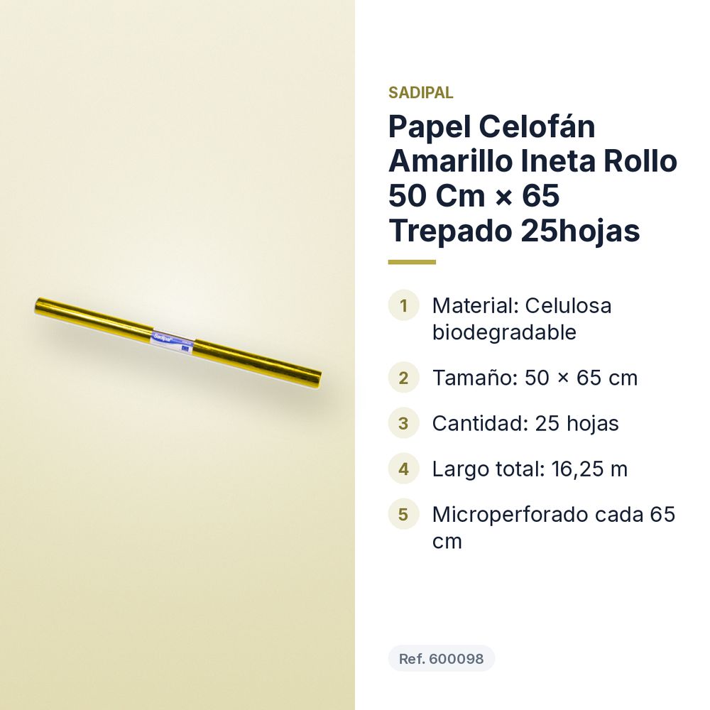 PAPEL CELOFÁN AMARILLO INETA ROLLO 50 CM × 65 TREPADO 25HOJAS - características principales