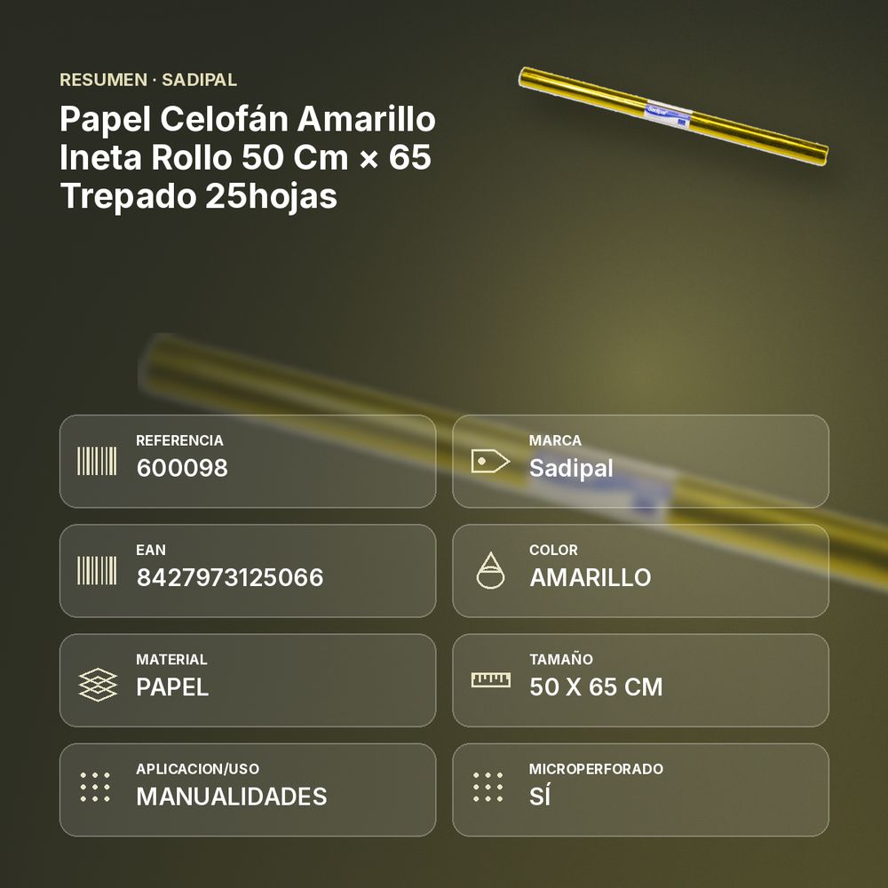 PAPEL CELOFÁN AMARILLO INETA ROLLO 50 CM × 65 TREPADO 25HOJAS - resumen de atributos