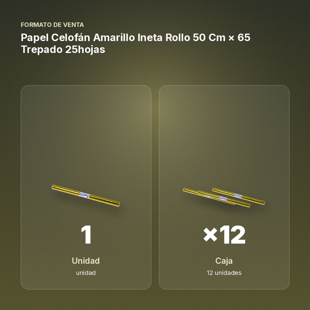 PAPEL CELOFÁN AMARILLO INETA ROLLO 50 CM × 65 TREPADO 25HOJAS - formato de venta: caja de 12