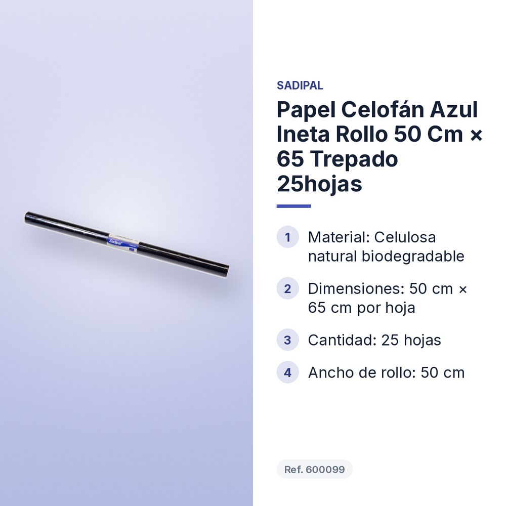 PAPEL CELOFÁN AZUL INETA ROLLO 50 CM × 65 TREPADO 25HOJAS - características principales
