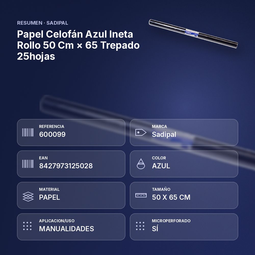 PAPEL CELOFÁN AZUL INETA ROLLO 50 CM × 65 TREPADO 25HOJAS - resumen de atributos