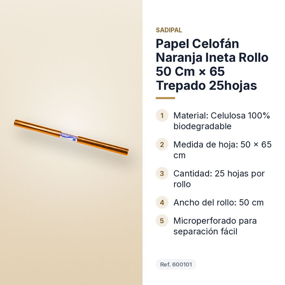 PAPEL CELOFÁN NARANJA INETA ROLLO 50 CM × 65 TREPADO 25HOJAS - características principales
