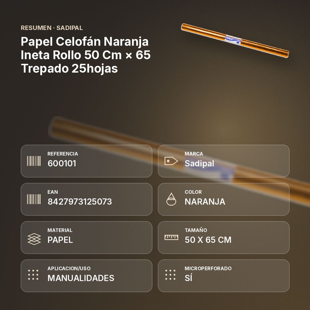 PAPEL CELOFÁN NARANJA INETA ROLLO 50 CM × 65 TREPADO 25HOJAS - resumen de atributos