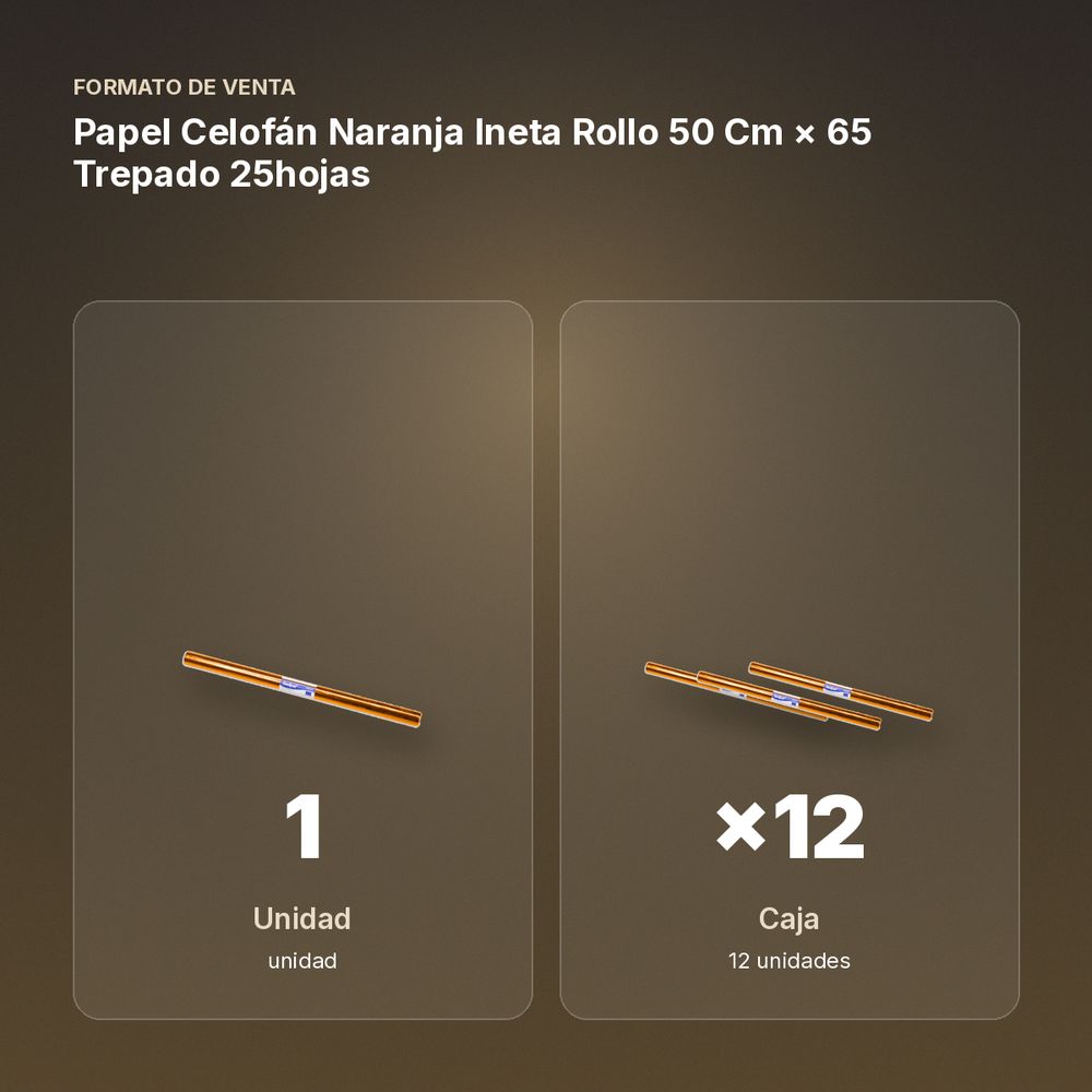 PAPEL CELOFÁN NARANJA INETA ROLLO 50 CM × 65 TREPADO 25HOJAS - formato de venta: caja de 12