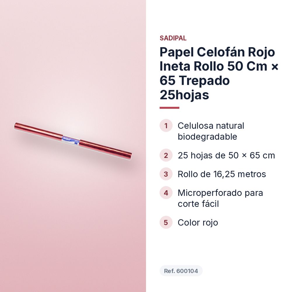 PAPEL CELOFÁN ROJO INETA ROLLO 50 CM × 65 TREPADO 25HOJAS - características principales