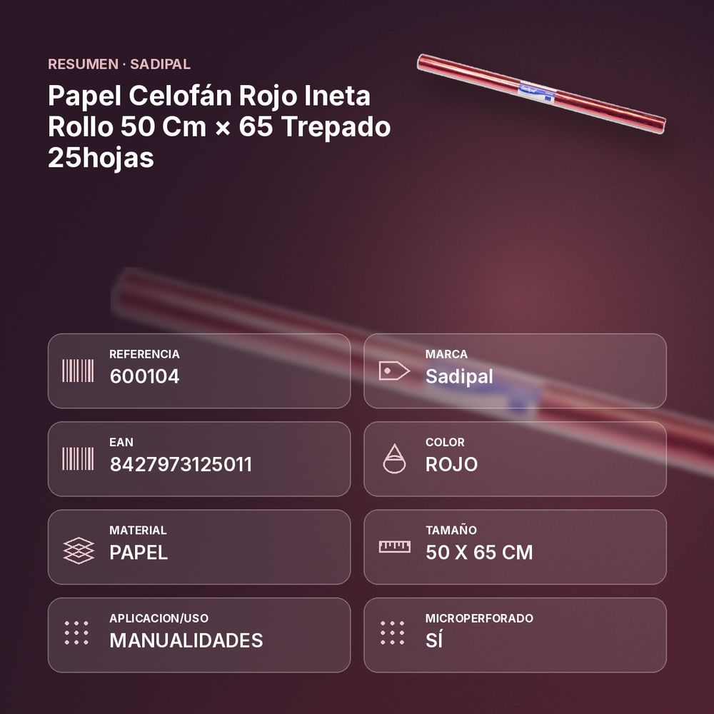 PAPEL CELOFÁN ROJO INETA ROLLO 50 CM × 65 TREPADO 25HOJAS - resumen de atributos