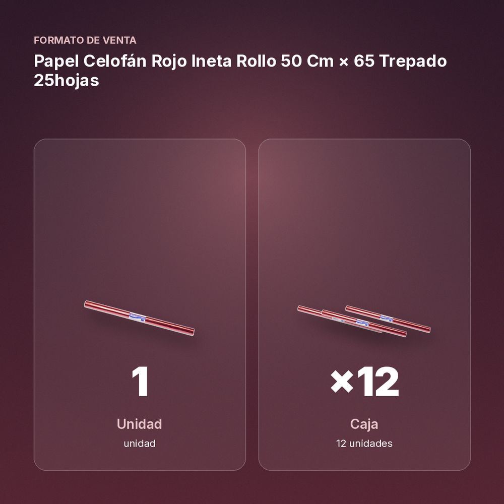 PAPEL CELOFÁN ROJO INETA ROLLO 50 CM × 65 TREPADO 25HOJAS - formato de venta: caja de 12