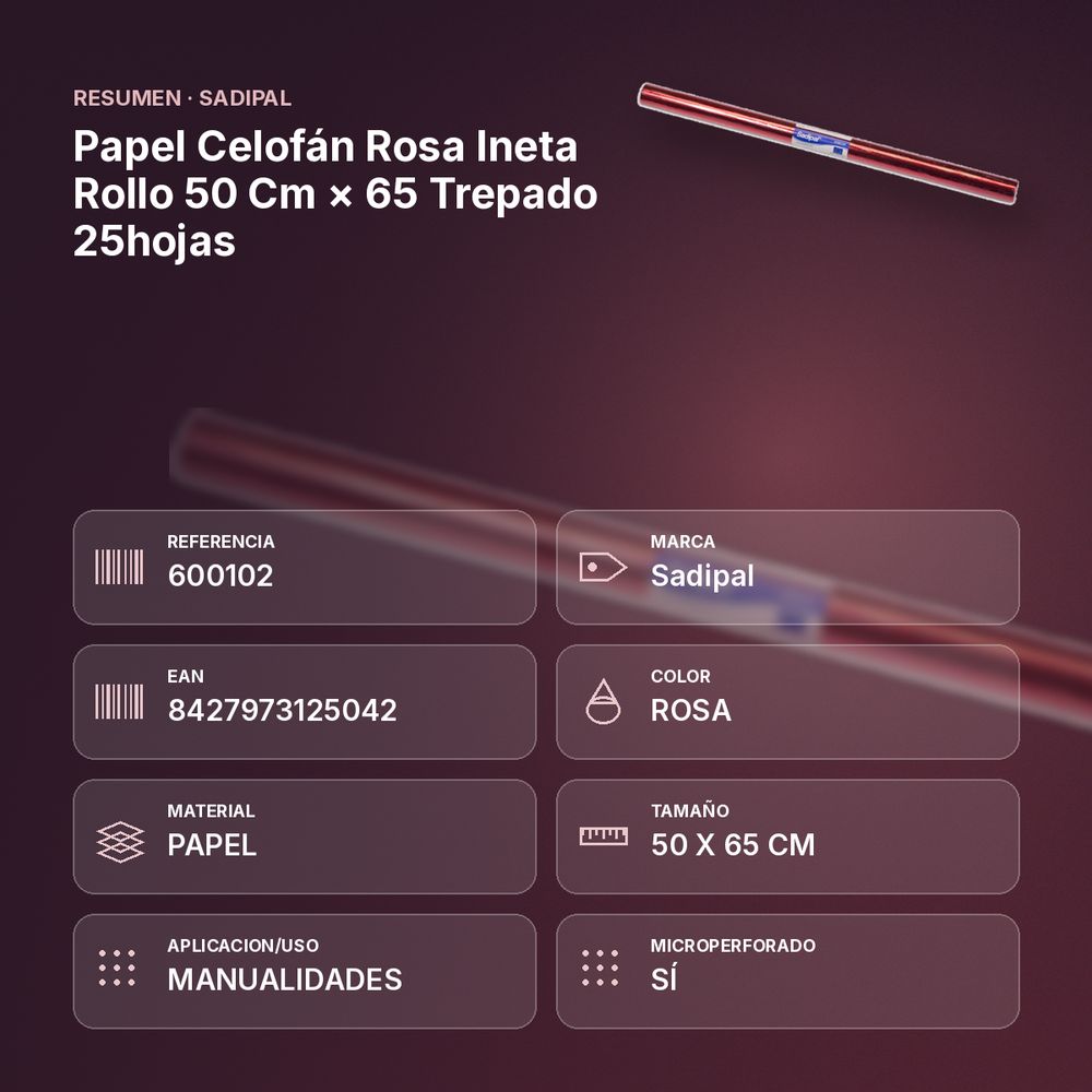 PAPEL CELOFÁN ROSA INETA ROLLO 50 CM × 65 TREPADO 25HOJAS - resumen de atributos