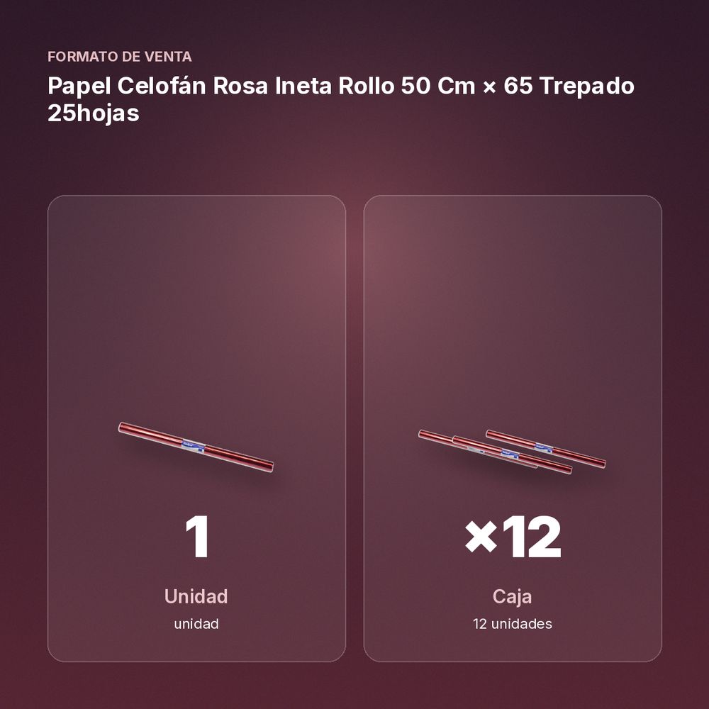 PAPEL CELOFÁN ROSA INETA ROLLO 50 CM × 65 TREPADO 25HOJAS - formato de venta: caja de 12