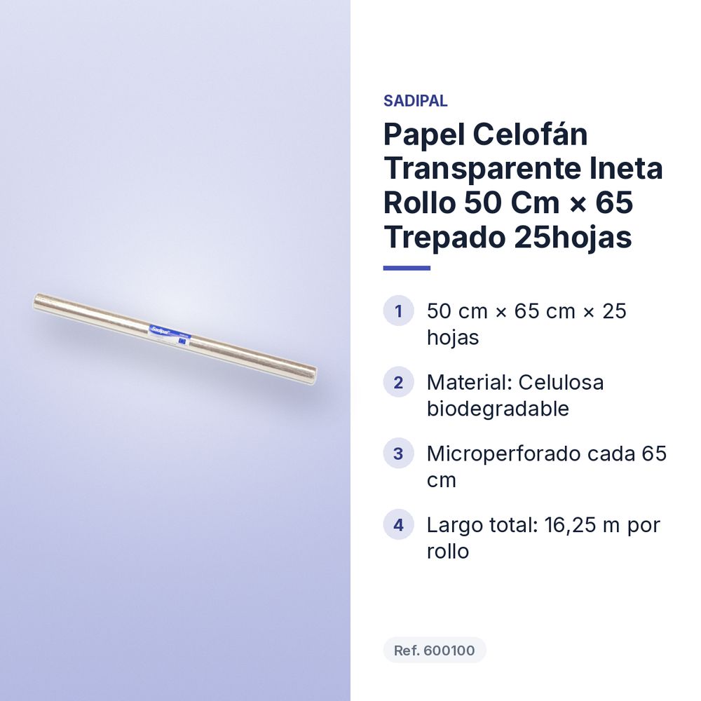 PAPEL CELOFÁN TRANSPARENTE INETA ROLLO 50 CM × 65 TREPADO 25HOJAS - características principales