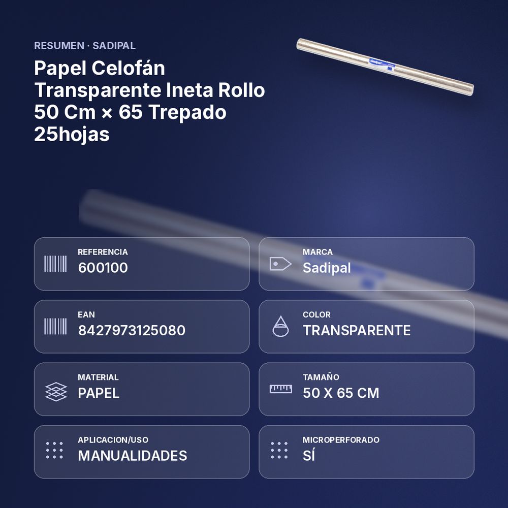 PAPEL CELOFÁN TRANSPARENTE INETA ROLLO 50 CM × 65 TREPADO 25HOJAS - resumen de atributos