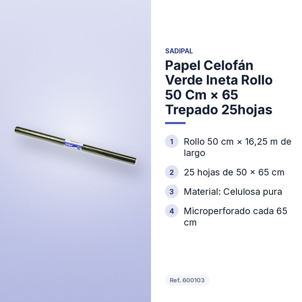 PAPEL CELOFÁN VERDE INETA ROLLO 50 CM × 65 TREPADO 25HOJAS - características principales