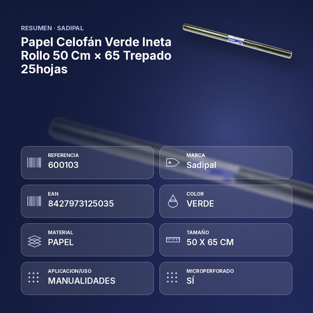 PAPEL CELOFÁN VERDE INETA ROLLO 50 CM × 65 TREPADO 25HOJAS - resumen de atributos
