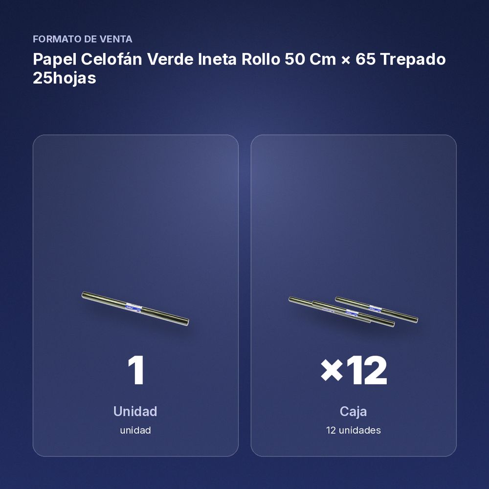 PAPEL CELOFÁN VERDE INETA ROLLO 50 CM × 65 TREPADO 25HOJAS - formato de venta: caja de 12