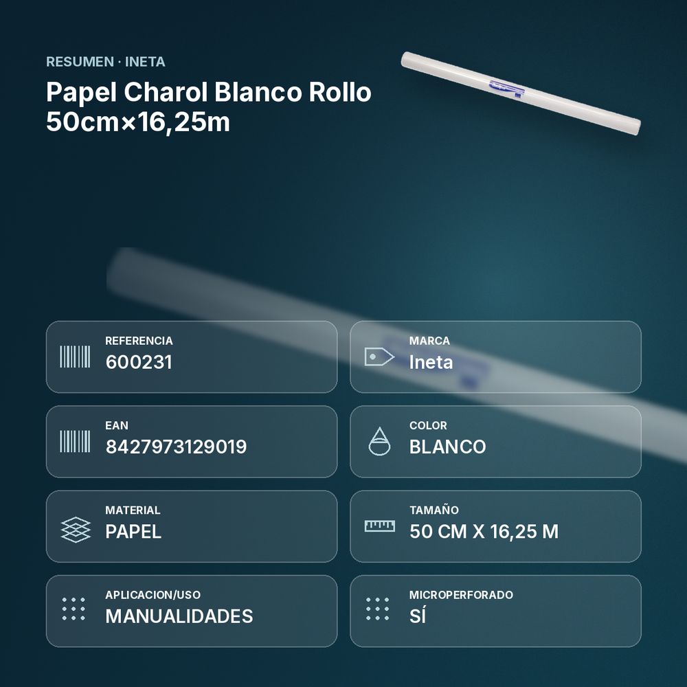 PAPEL CHAROL BLANCO ROLLO 50CM×16,25M - resumen de atributos