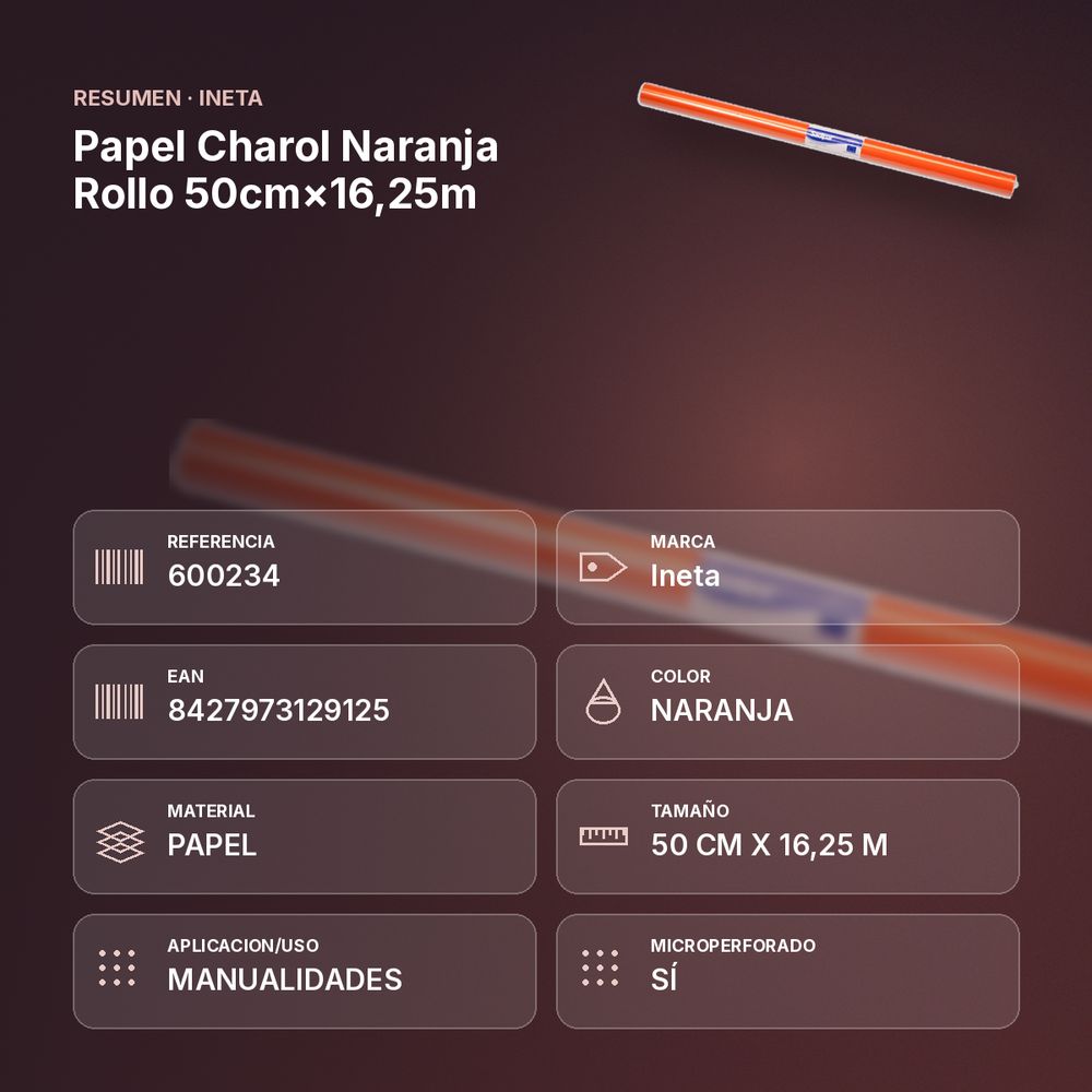 PAPEL CHAROL NARANJA ROLLO 50CM×16,25M - resumen de atributos