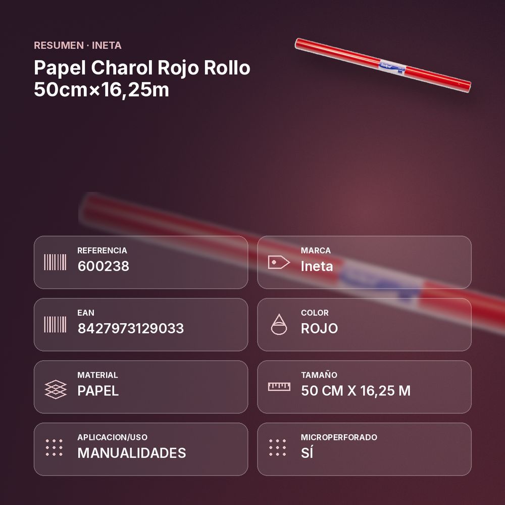 PAPEL CHAROL ROJO  ROLLO 50CM×16,25M - resumen de atributos