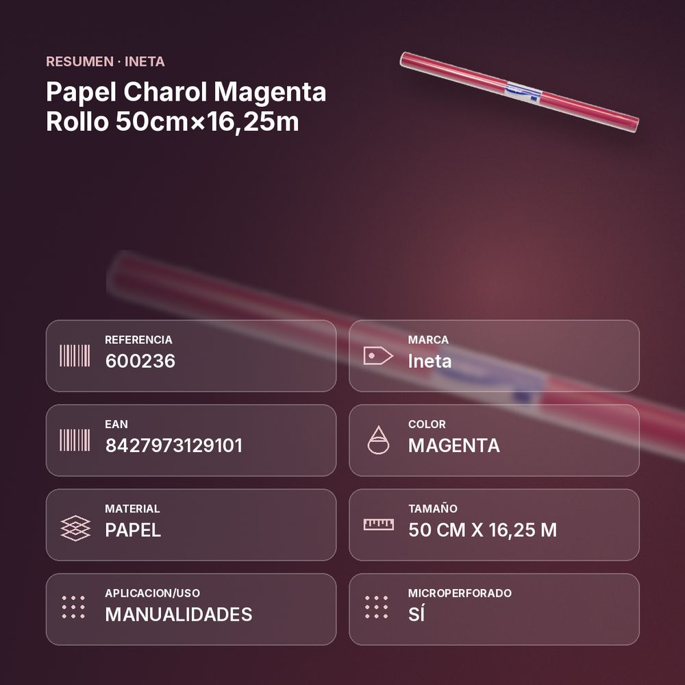 PAPEL CHAROL MAGENTA ROLLO 50CM×16,25M - resumen de atributos