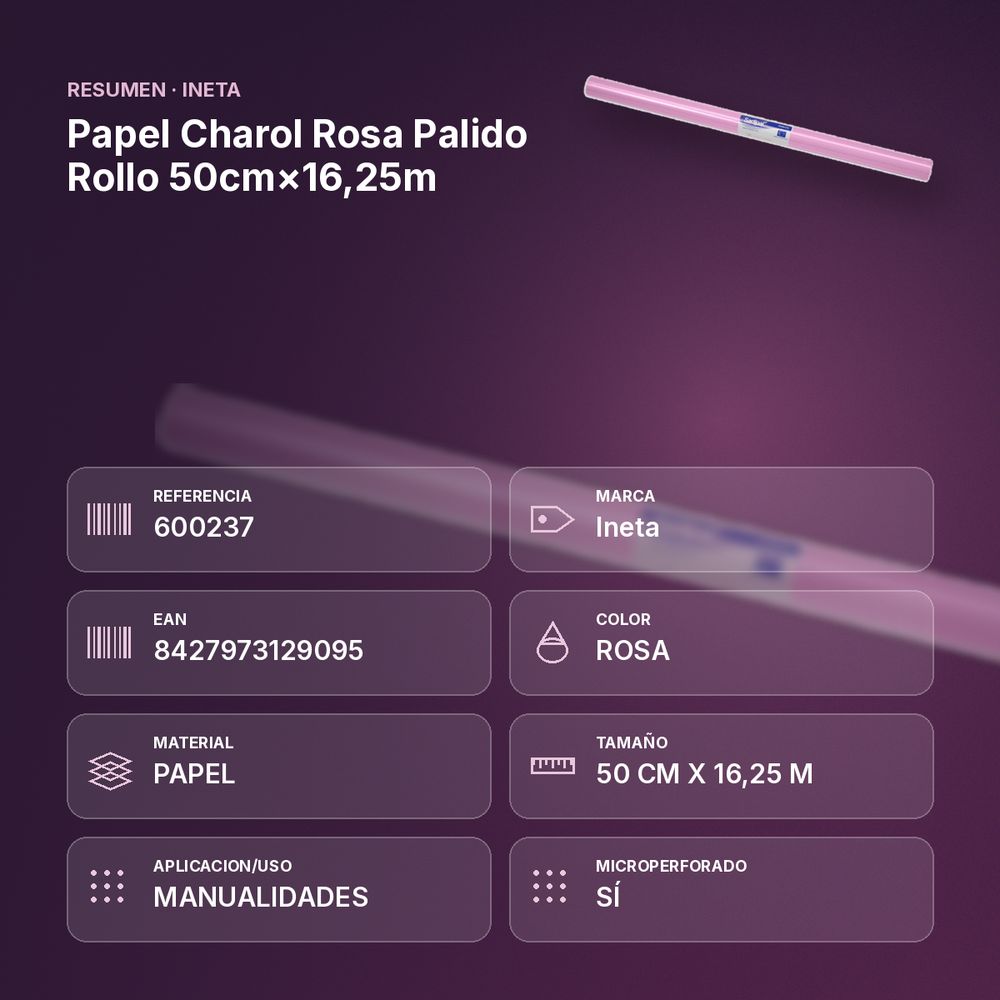 PAPEL CHAROL ROSA PALIDO ROLLO 50CM×16,25M - resumen de atributos