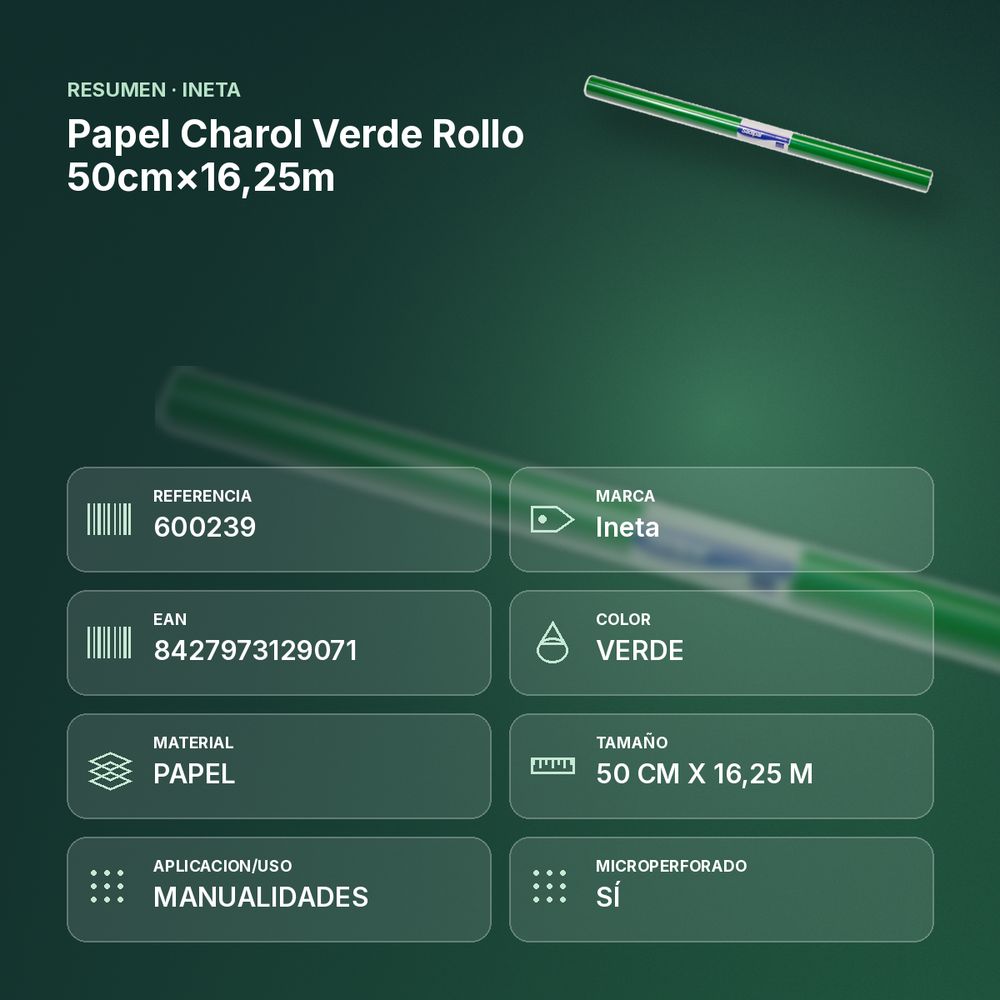 PAPEL CHAROL VERDE ROLLO 50CM×16,25M - resumen de atributos