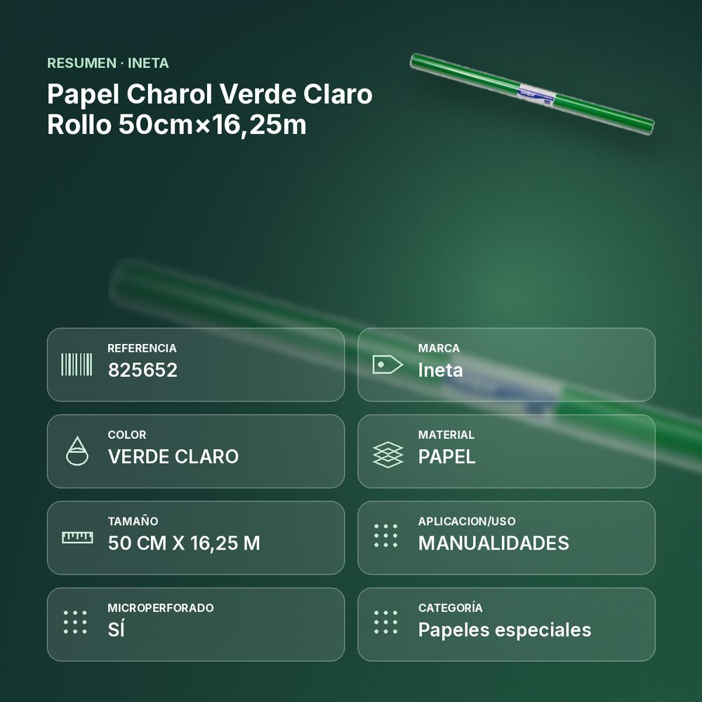 PAPEL CHAROL VERDE CLARO ROLLO 50CM×16,25M - resumen de atributos