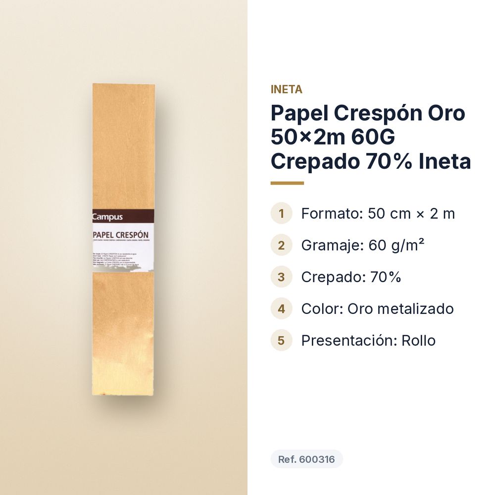 PAPEL CRESPÓN ORO 50×2M 60G CREPADO 70% INETA  - características principales