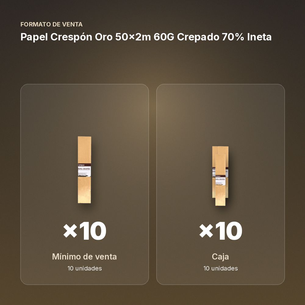 PAPEL CRESPÓN ORO 50×2M 60G CREPADO 70% INETA  - formato de venta: caja de 10