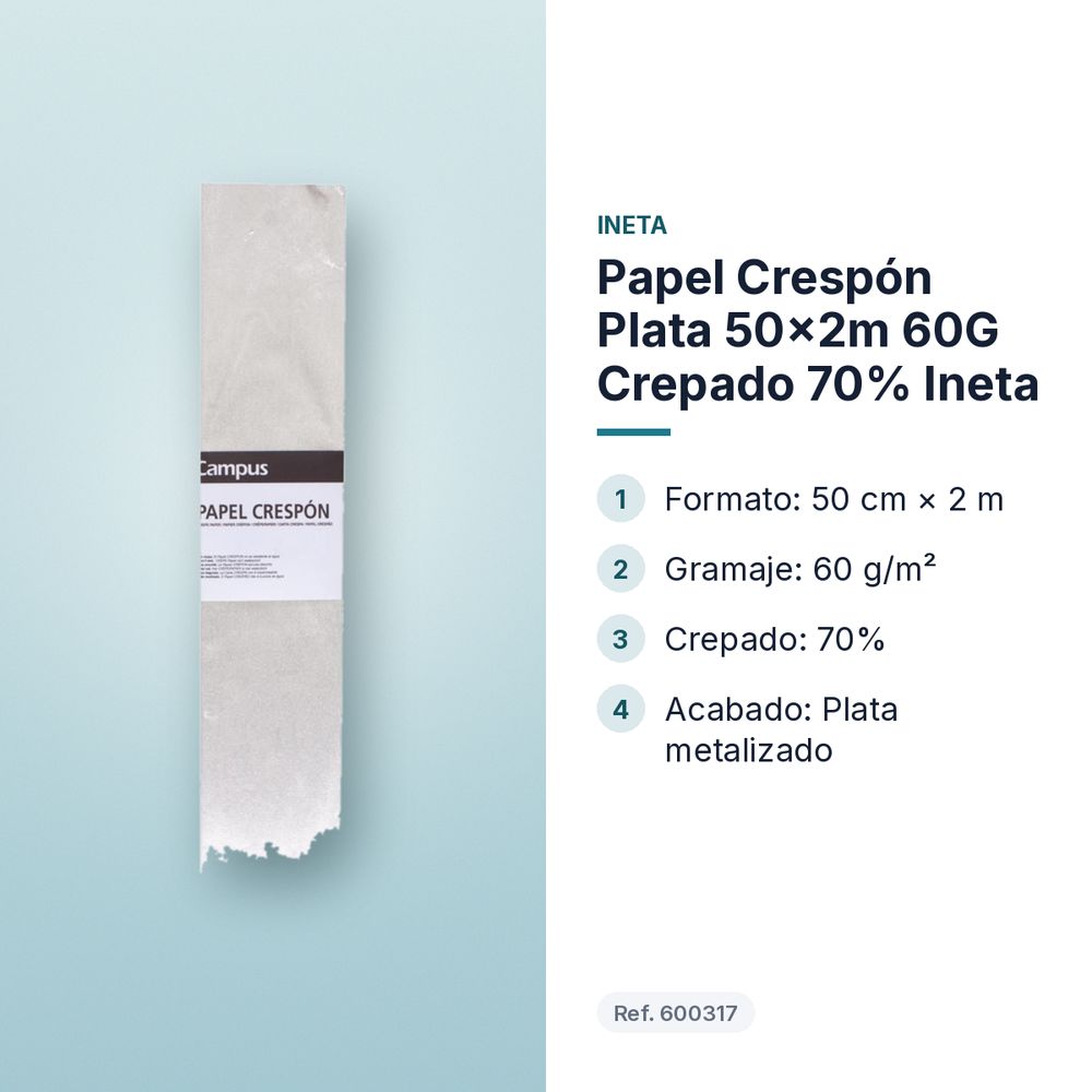 PAPEL CRESPÓN PLATA 50×2M 60G CREPADO 70% INETA  - características principales