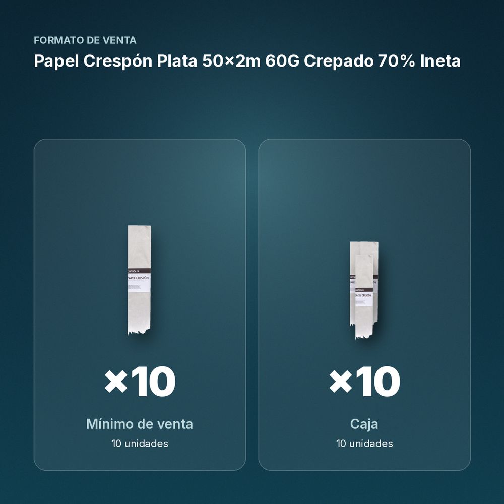 PAPEL CRESPÓN PLATA 50×2M 60G CREPADO 70% INETA  - formato de venta: caja de 10