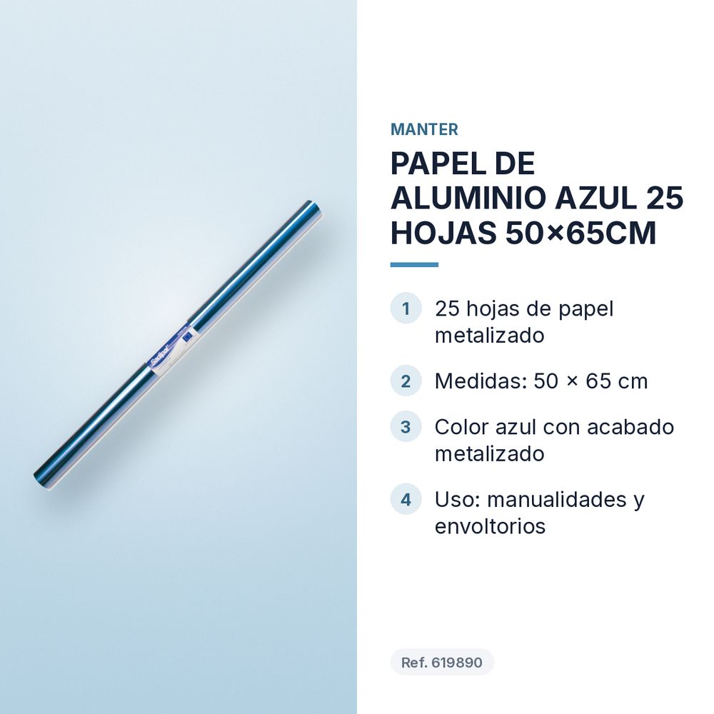 PAPEL DE ALUMINIO AZUL 25 HOJAS 50x65CM - características principales