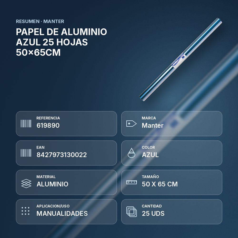 PAPEL DE ALUMINIO AZUL 25 HOJAS 50x65CM - resumen de atributos