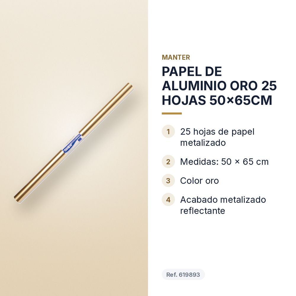 PAPEL DE ALUMINIO ORO 25 HOJAS 50x65CM - características principales